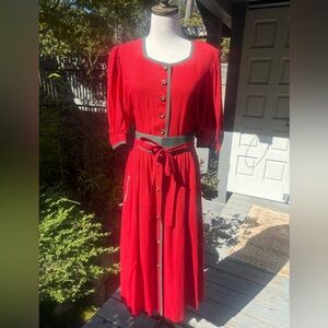 Vintage Austrian Dirndl  Alphorn Red Linen Button Down Midi Dress